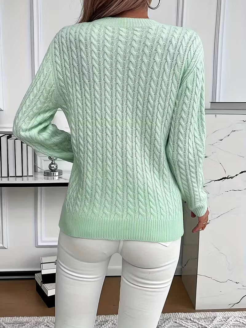 Versatile women's cable knit crew neck sweater. Great for autumn layering, casual outfits & cozy comfort.