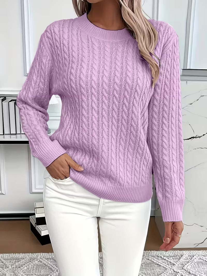 Women's cable knit crew neck sweater. Comfortable & warm for autumn layering and casual wear.