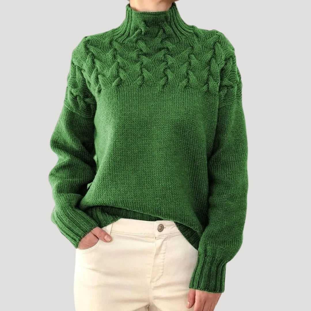 Women's cream cable knit high-neck spring sweater, long sleeve, showcasing textured knit detail