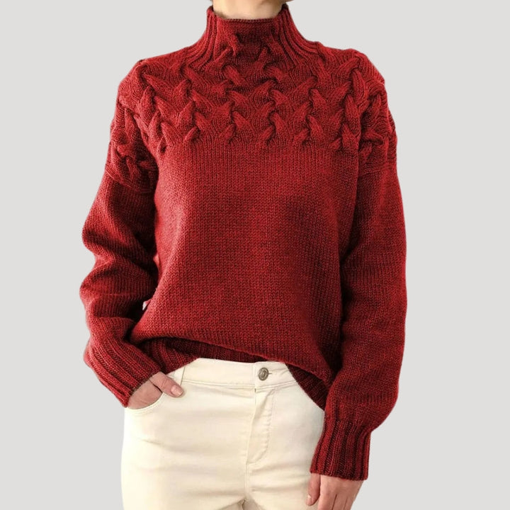 Fashionable women's spring sweater: cable knit, high-neck, long sleeve, in a beautiful solid shade