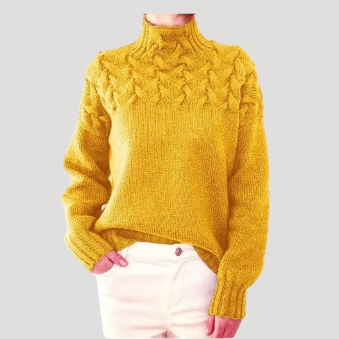 Elegant women's cable knit high-neck spring sweater, highlighting the soft fabric and design
