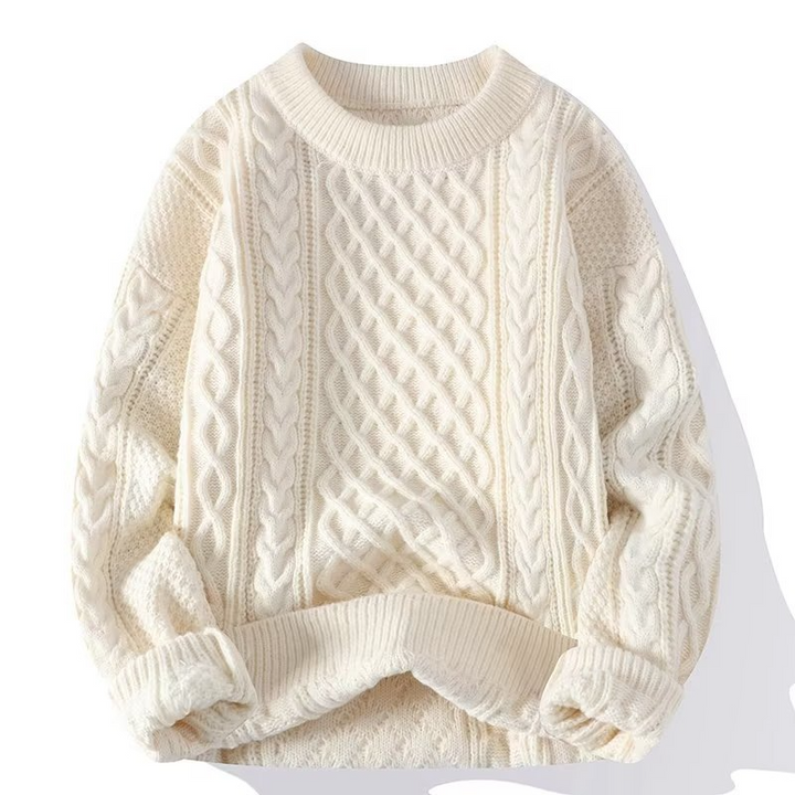 Women's cream textured knit crewneck sweater, soft and comfortable for spring fashion, casual look.
