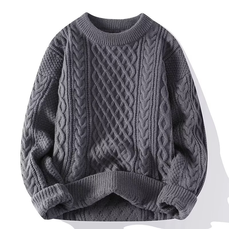Stylish women's grey textured knitwear crewneck sweater, ideal for a casual, comfy outfit.