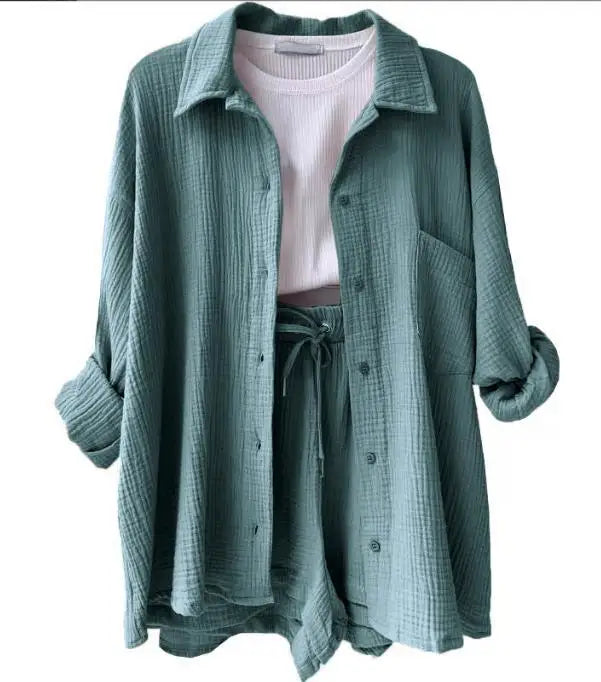 Back view of a woman wearing the crinkle lounge set, showing the loose, comfortable fit for summer.