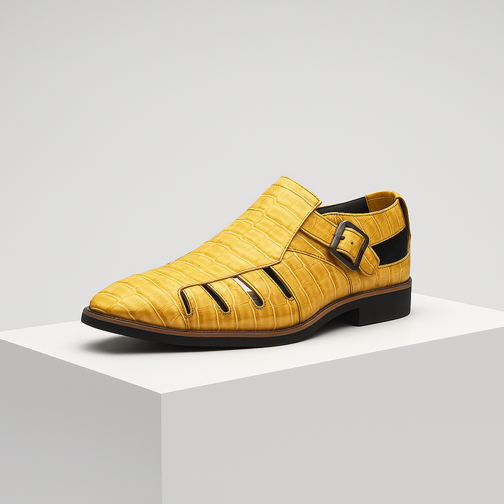 Women's croc embossed buckle sandals in tan, perfect for summer casual wear