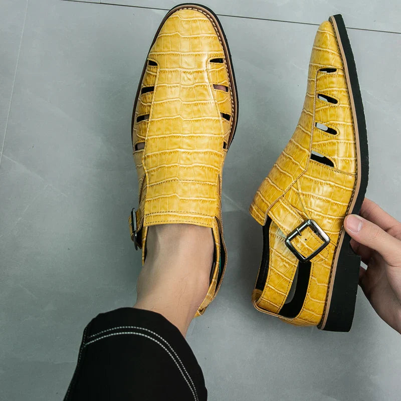 Versatile women's flat sandals, black croc embossed with two prominent buckles