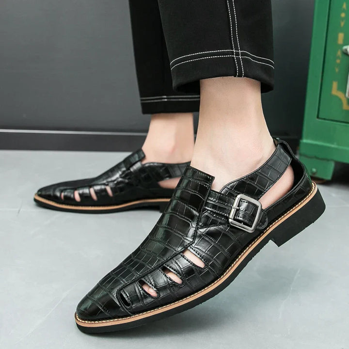 Back view of women's croc embossed buckle sandals, highlighting the heel detail