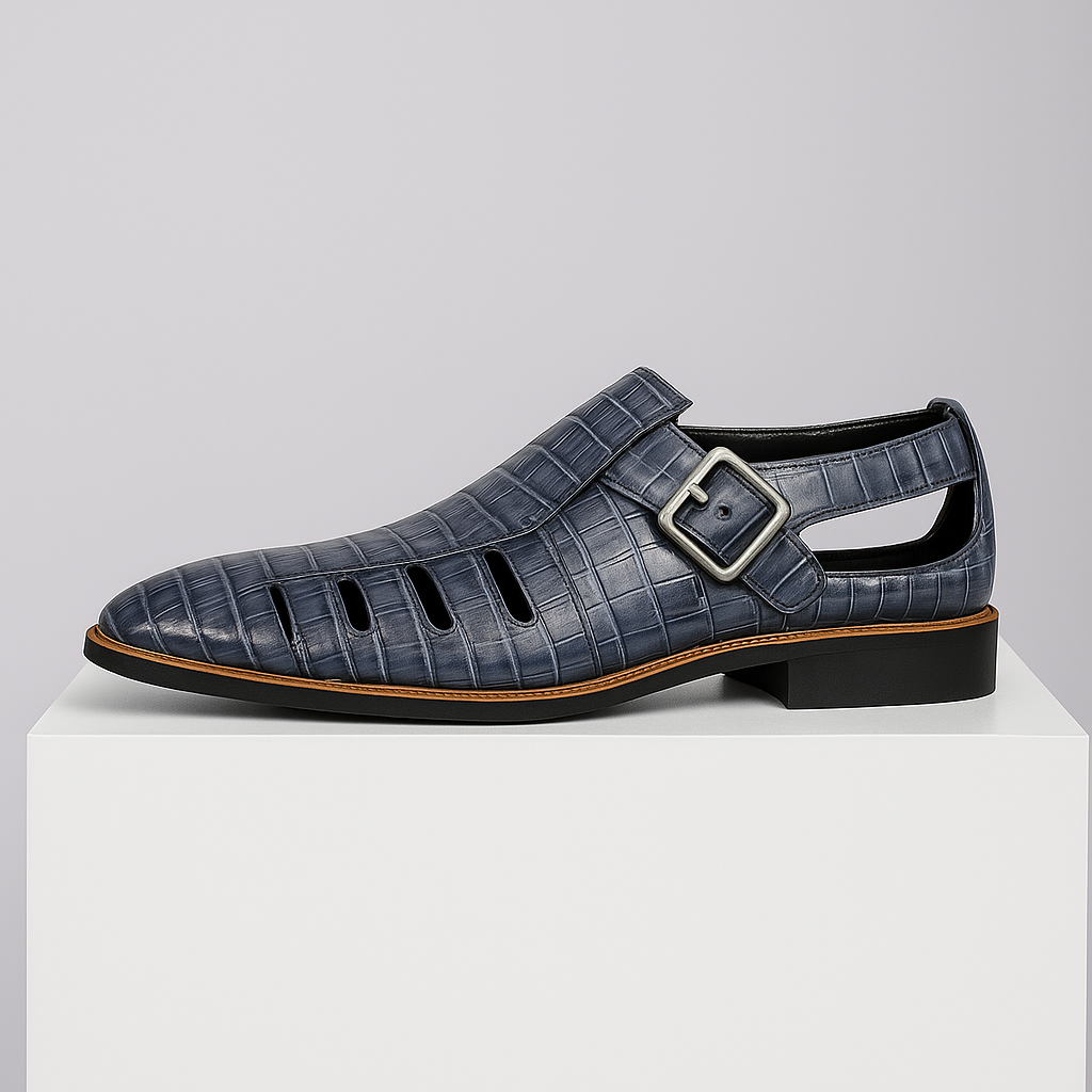 Front view of women's croc embossed flat sandals, ideal for summer outfits