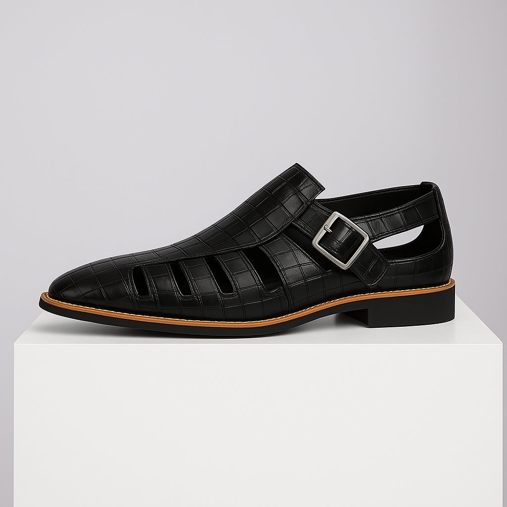 Comfortable women's casual sandals with a unique croc embossed design and buckle straps