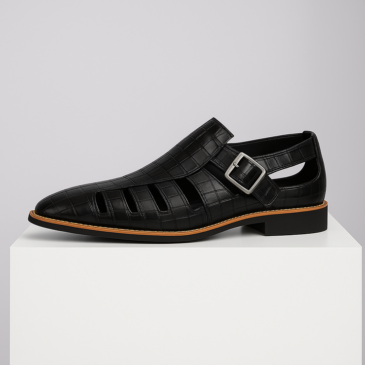 Comfortable women's casual sandals with a unique croc embossed design and buckle straps