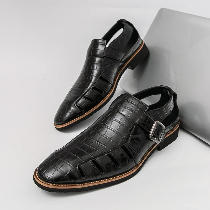 Women's summer shoes: croc embossed buckle sandals with a flat sole