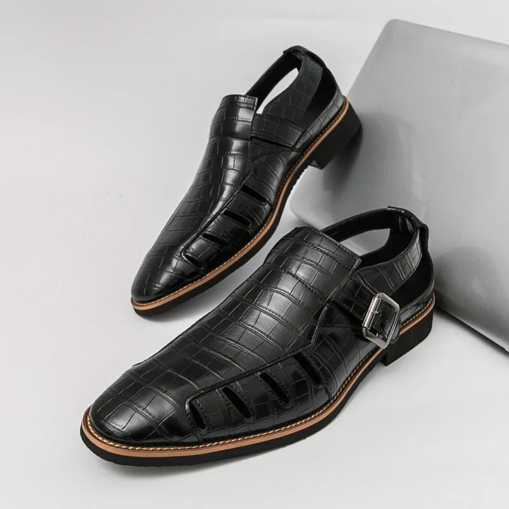 Women's summer shoes: croc embossed buckle sandals with a flat sole