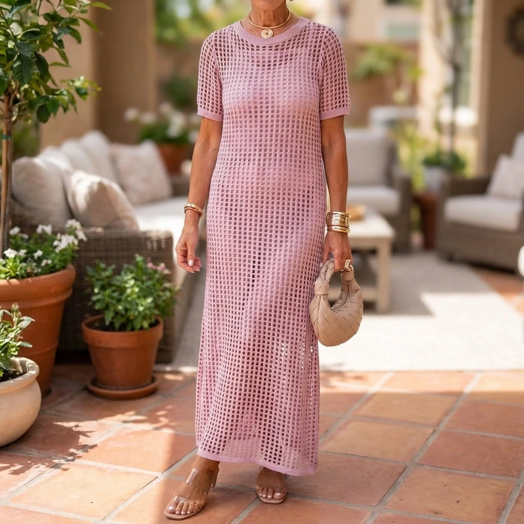 Women's crochet open weave maxi dress, short sleeve, elegant resort wear for summer vacations.