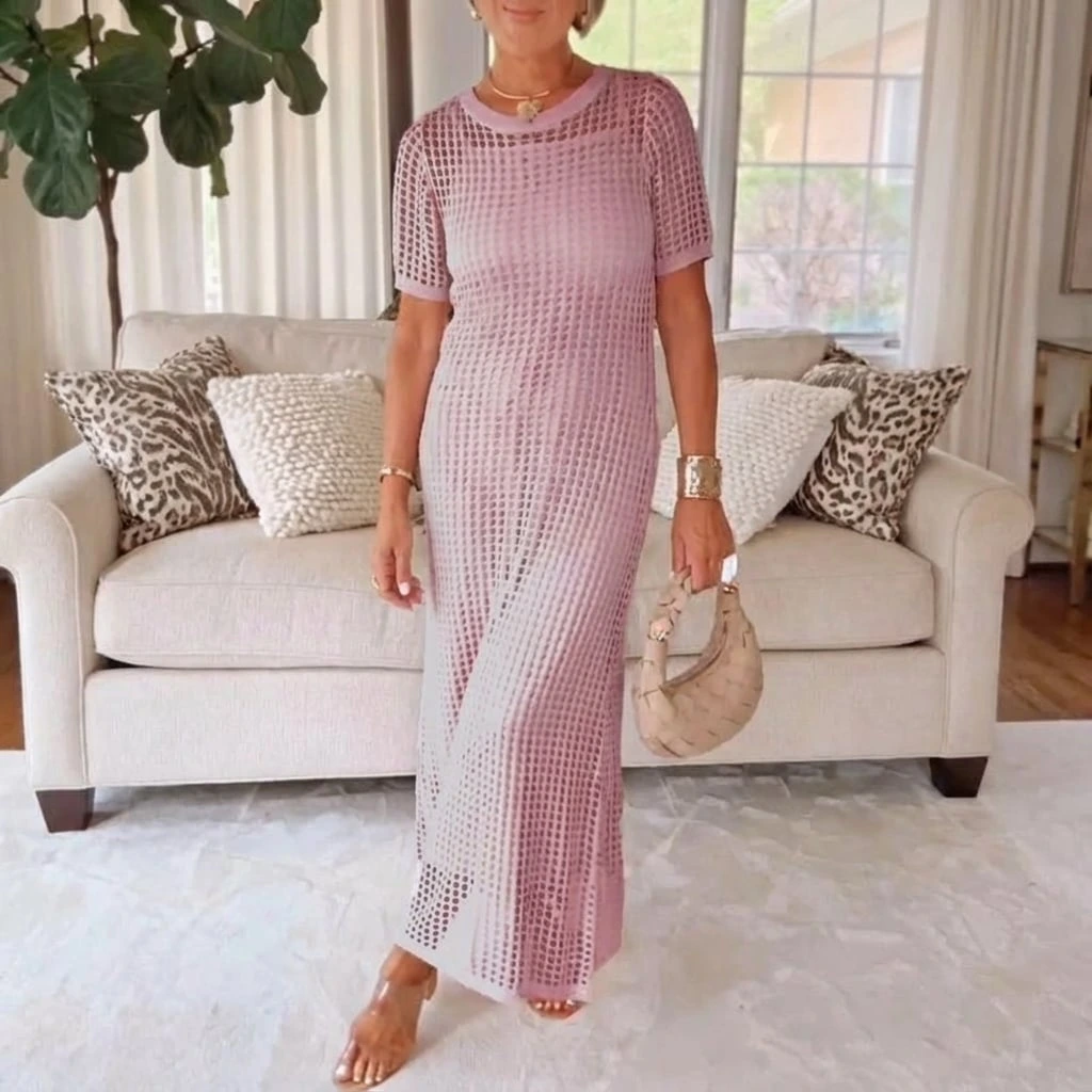 Flowy open weave maxi dress for women, ideal beach coverup or chic vacation resort wear.