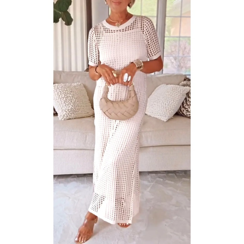 Stylish women's open weave maxi dress, crochet texture, perfect for elegant resort or summer wear.