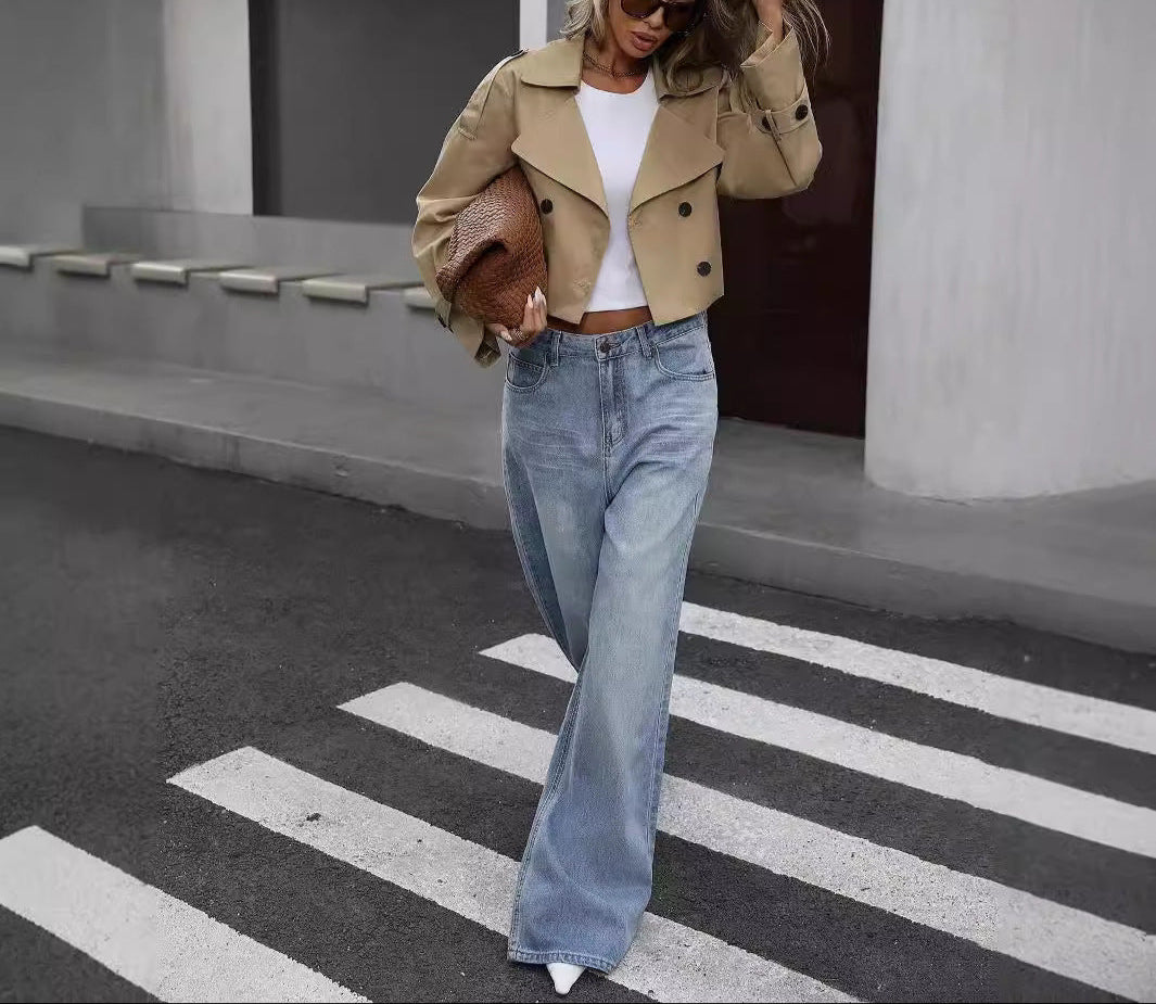 Women's cropped double-breasted trench jacket in khaki, perfect for chic spring outerwear.