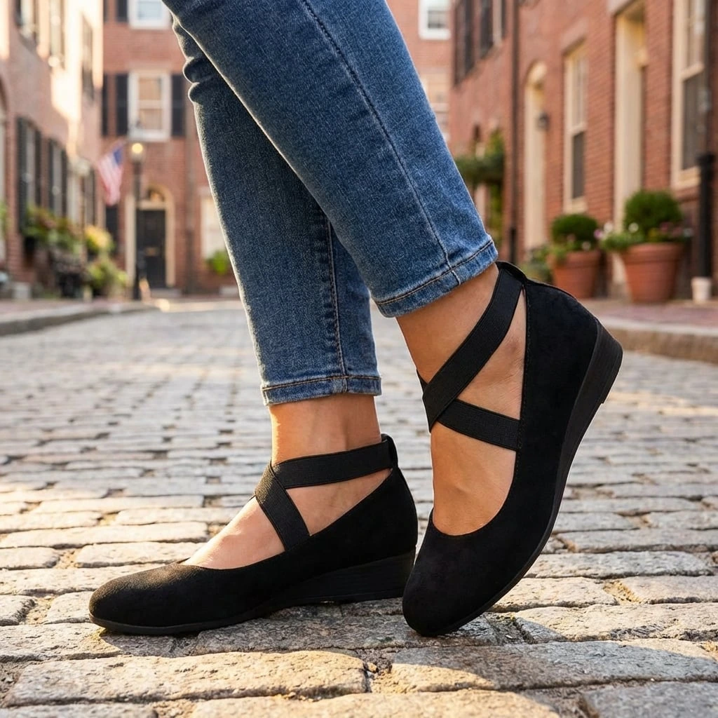 Stylish women's closed-toe wedge sandals with comfortable crossover elastic straps for a secure, elegant fit.