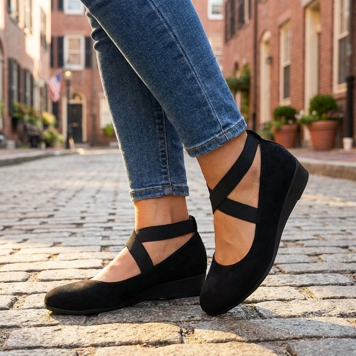 Stylish women's closed-toe wedge sandals with comfortable crossover elastic straps for a secure, elegant fit.