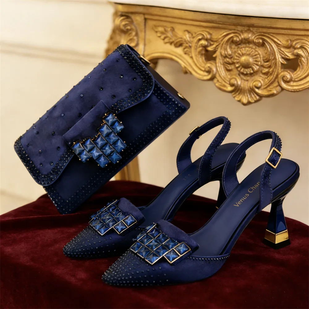 Women's crystal embellished pointed toe pumps & clutch matching set. Elegant formal wear for special occasions.