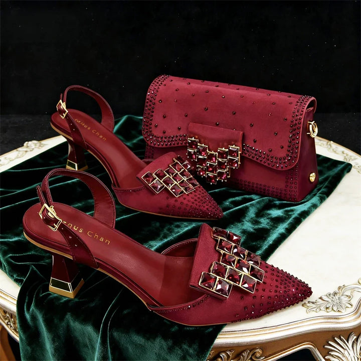 Matching women's crystal embellished pumps & clutch set. Elegant fashion accessory for evening and formal events.