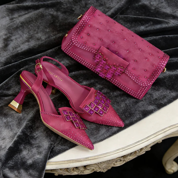 Luxurious women's crystal embellished pointed toe heels and clutch bag. A sophisticated matching evening set.