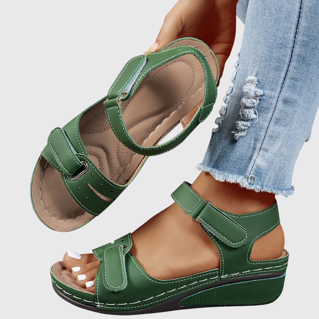 Ergonomic women's slip-on sandals, crystal details, offering orthopedic arch & foot support.