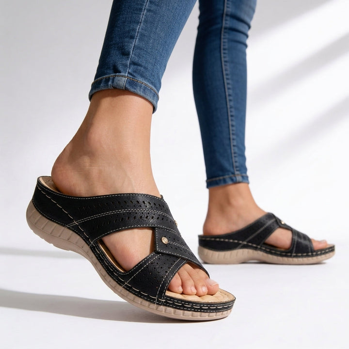 Versatile gray peep toe wedge sandals for women, designed with cushioned crossover straps for walking comfort.