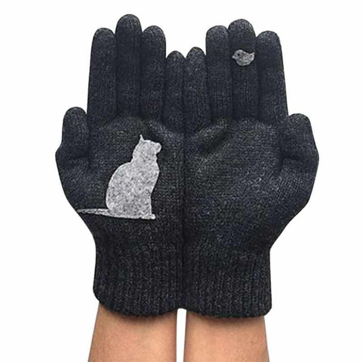 Pair of women's warm cotton gloves with adorable cat design, perfect winter accessory.