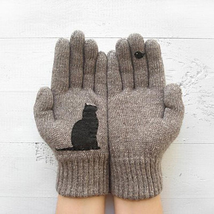 Women's winter fashion gloves, cotton with a playful cat print, great gift for cat lovers.