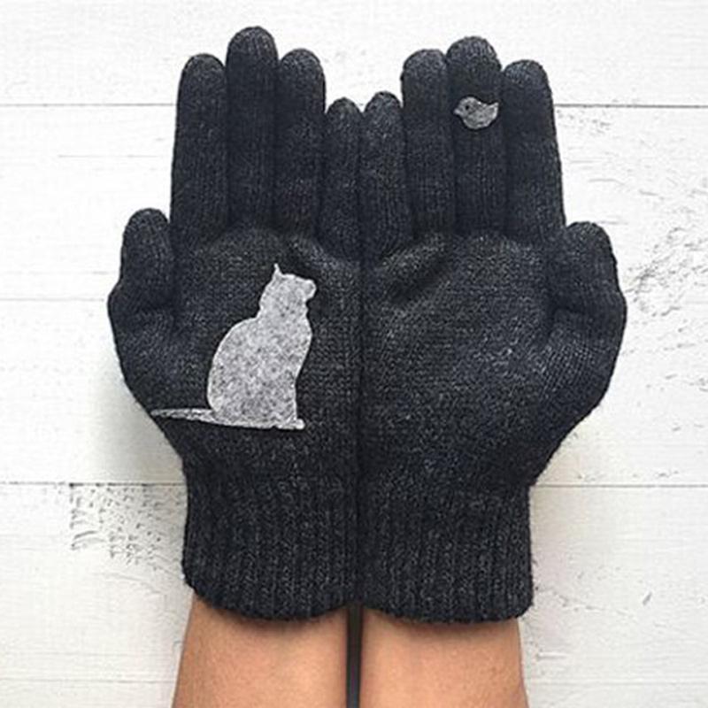 Soft cotton winter gloves for women, adorned with a fun feline print, excellent winter wear.