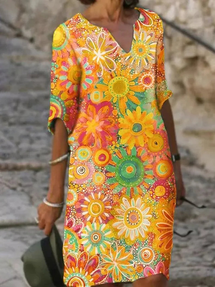 Women's Dahlia floral print V-neck summer dress, knee-length A-line, perfect for casual day or vacation.