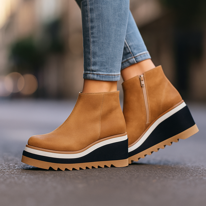 Comfortable brown walnut platform ankle boots for women, featuring a supportive orthopedic insole.