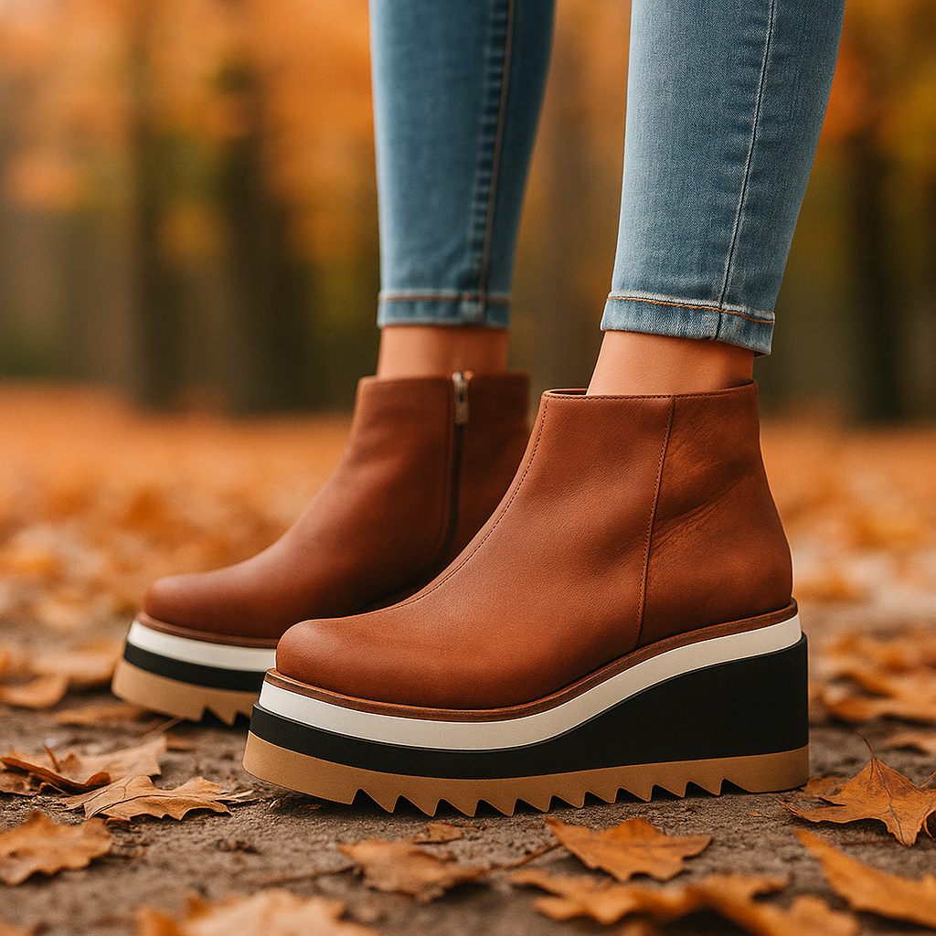Casual women's platform ankle boots in dark brown, designed with an orthopedic insole for all-day comfort.