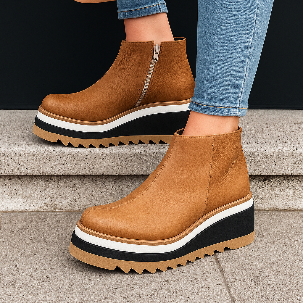 Close-up of women's dark brown platform ankle boots showcasing the orthopedic insole and textured material.