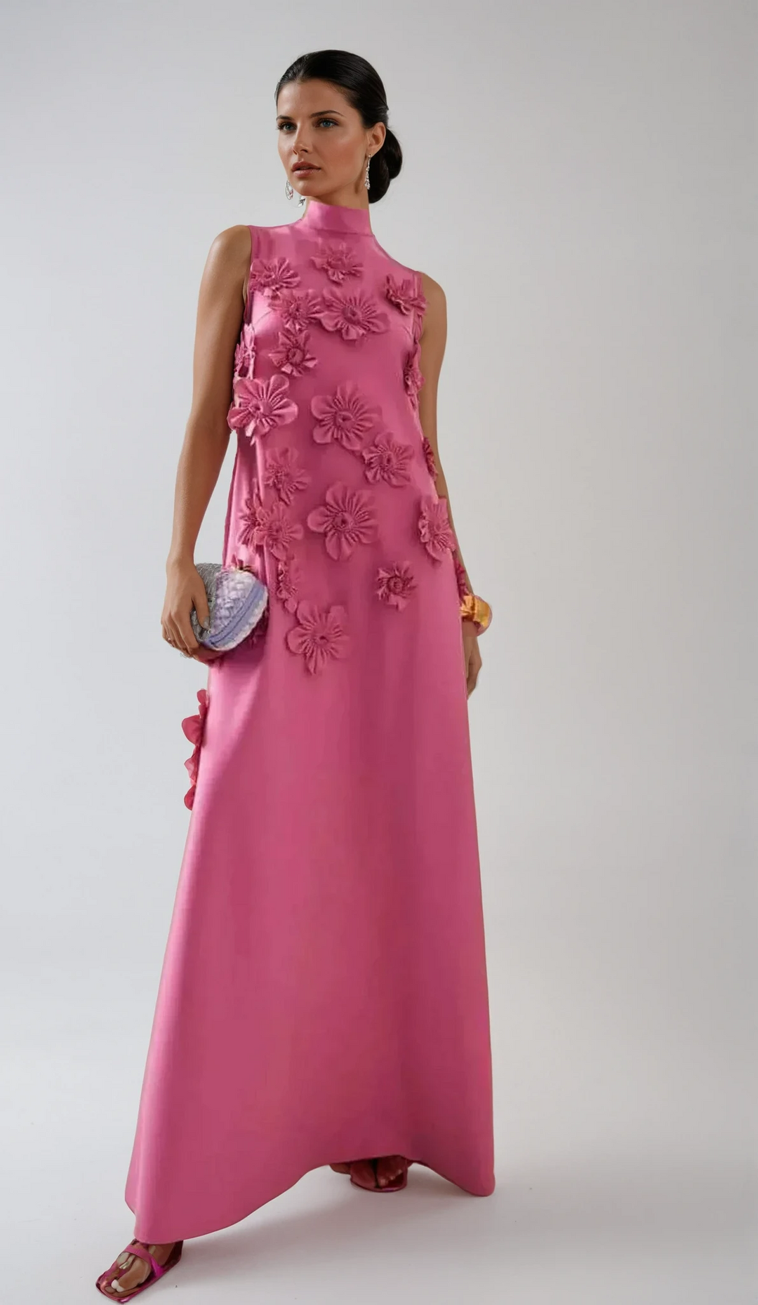 Elegant women's dark pink maxi dress with intricate 3D floral appliqués. Perfect for summer garden parties & occasions.