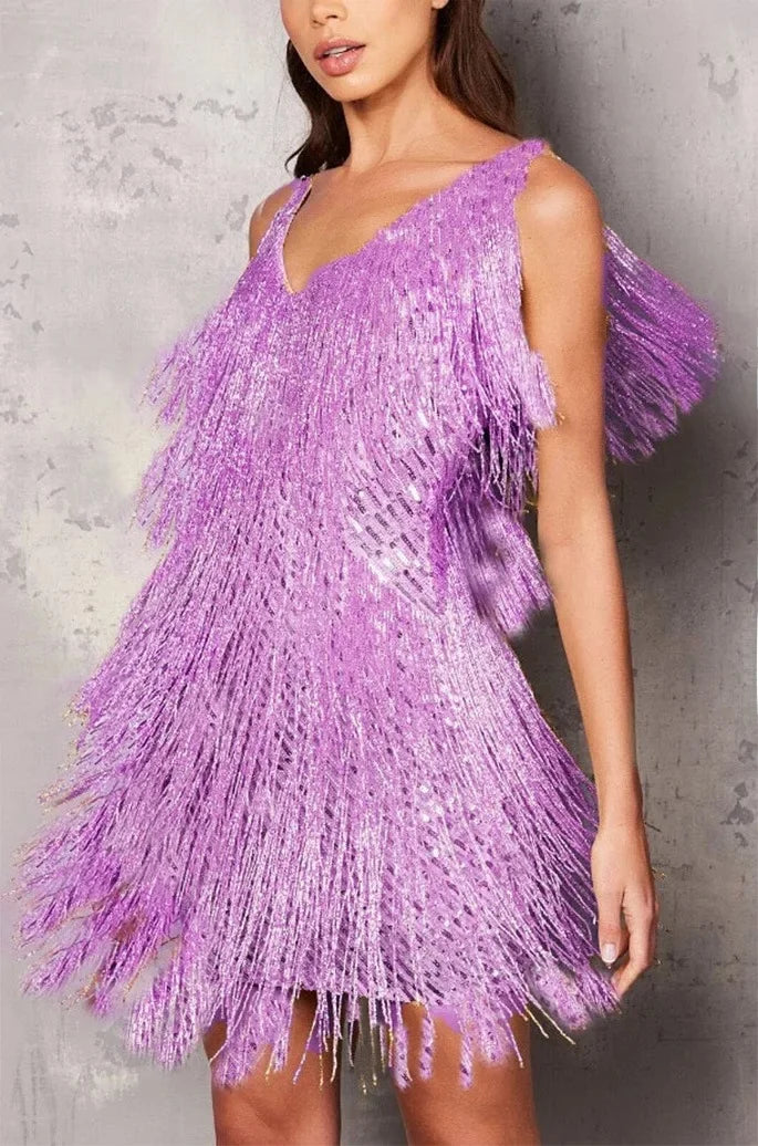 Women's dazzling sequin fringe tiered mini party dress with a V-neck, perfect for celebrations.
