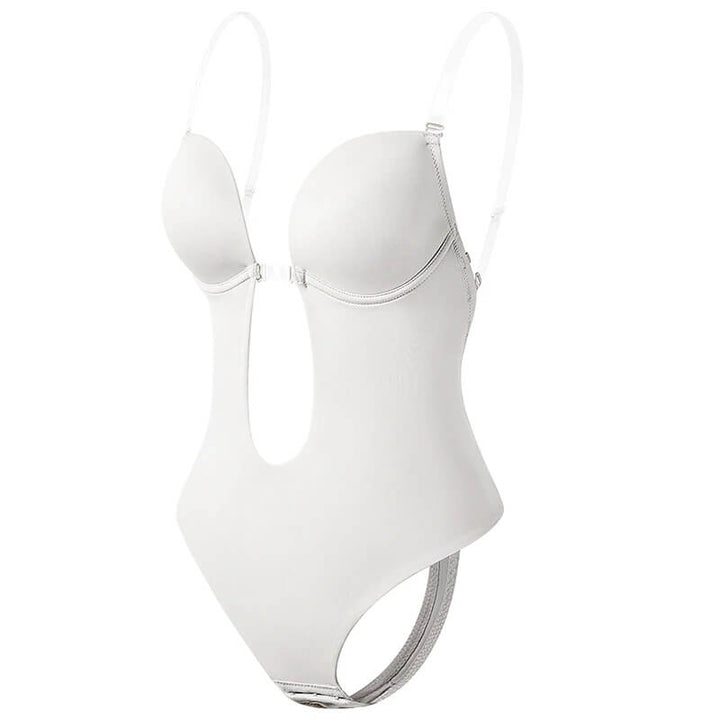Comfort-fit deep V backless body shaper for women. Seamless lingerie with invisible shaping & support.