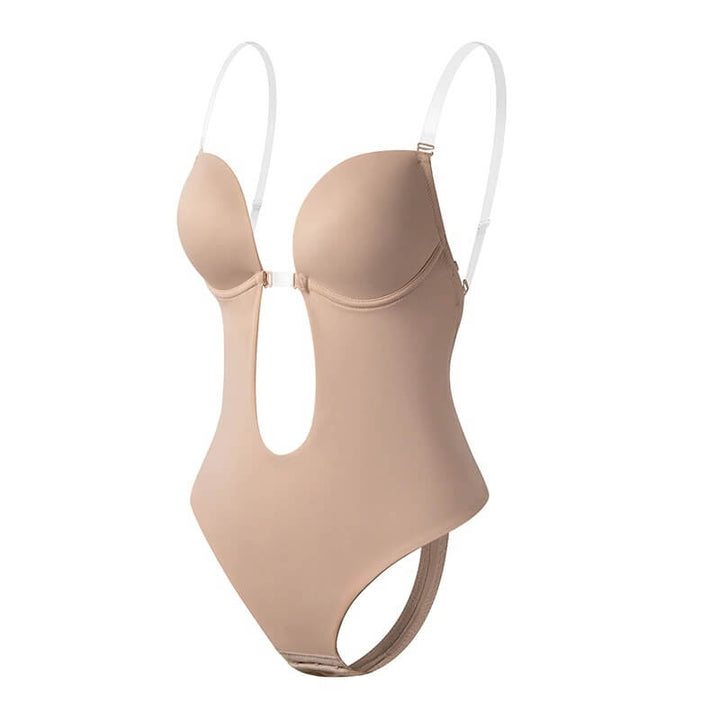 Women's deep V backless bodysuit shapewear. Invisible control & seamless support for elegant formal wear.