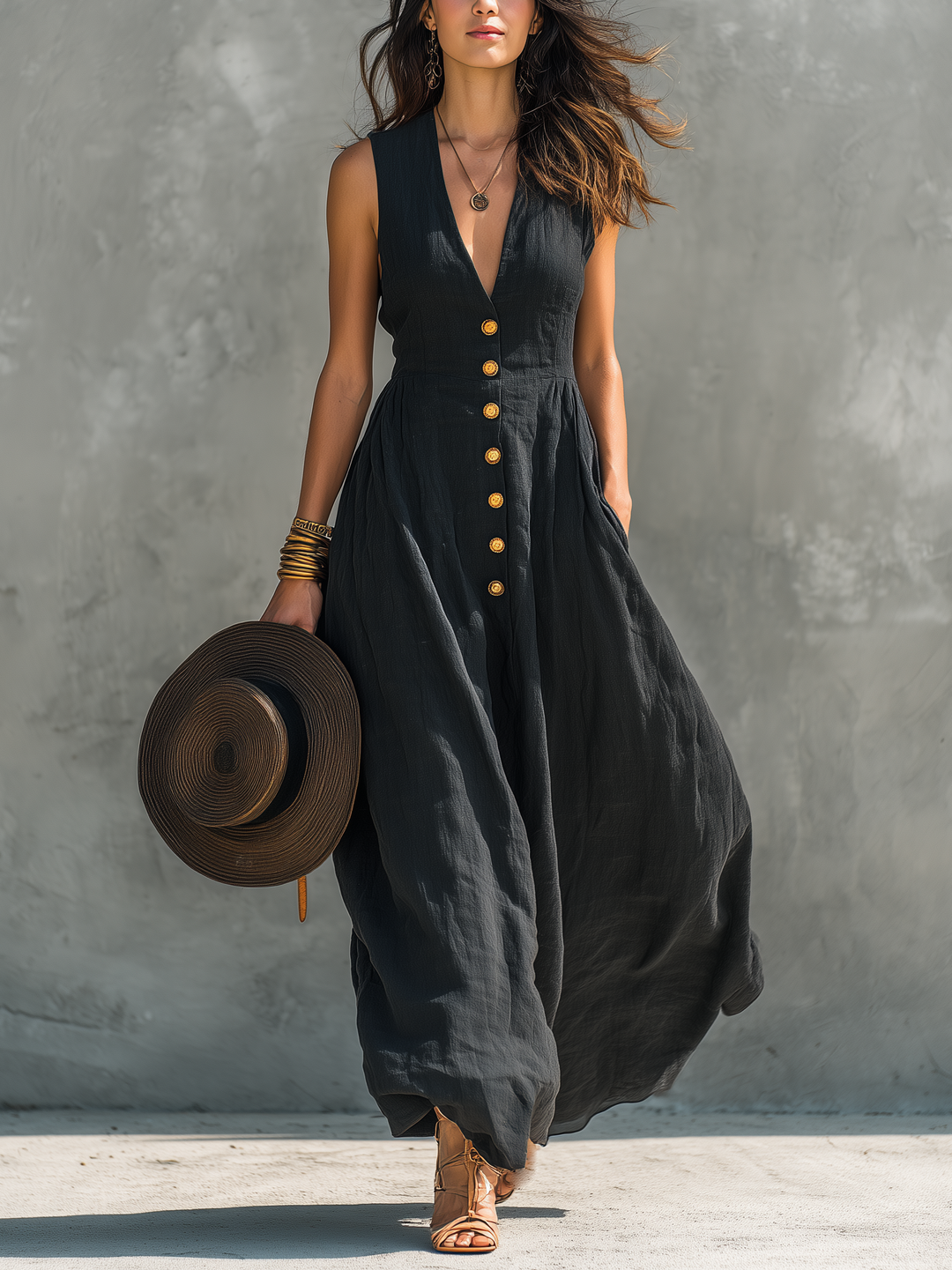 Women's deep V-neck sleeveless maxi dress with button front, perfect for summer fashion & holiday travel.
