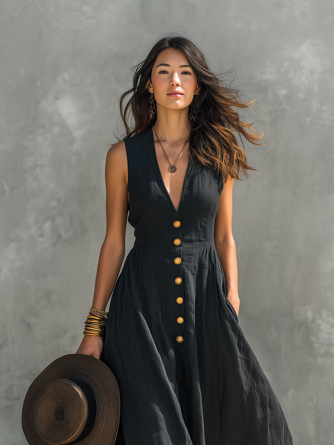 Flowy bohemian sleeveless maxi dress with deep V-neck & button front, ideal for summer & casual wear.