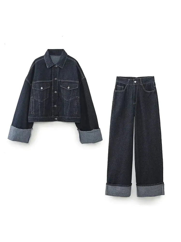 Versatile women's denim co-ord set with a stylish cropped jacket and relaxed pants
