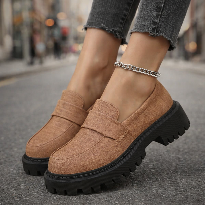 Pair of women's denim platform loafers with orthopedic insole, perfect for casual fashion