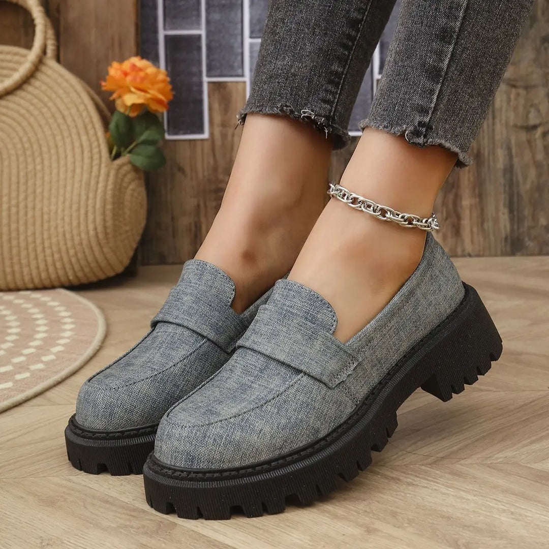 Comfortable women's denim platform loafers for ladies, featuring orthopedic support and slip-on ease