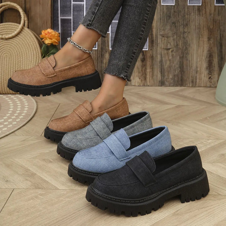 Stylish women's denim platform loafers, a versatile and comfortable casual footwear option
