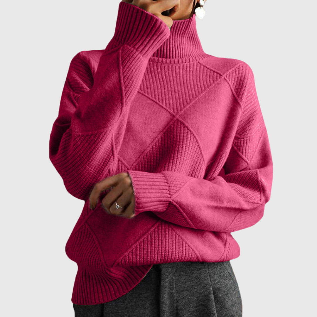 Women's diagonal seam roll neck sweater for cozy winter comfort.