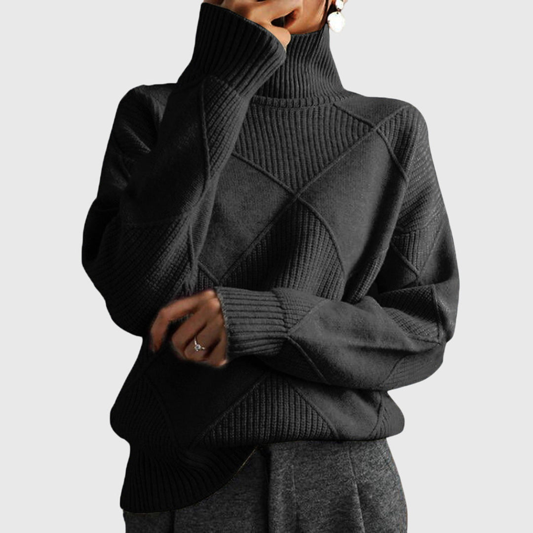 Plush women's roll neck sweater, diagonal seam, ensuring cozy winter warmth and relaxed fit.