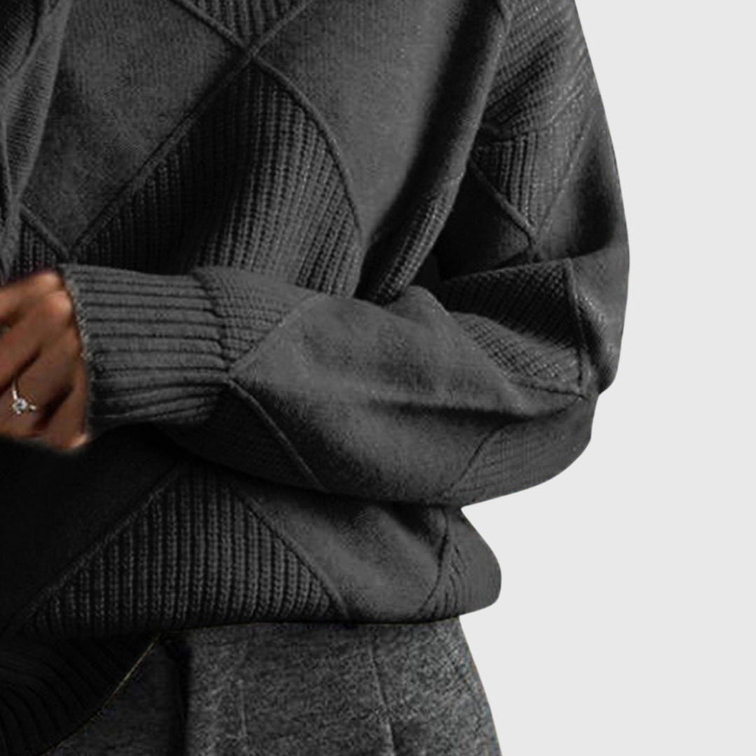 Women's elegant roll neck jumper, diagonal seam, perfect for cold weather and sophisticated style.