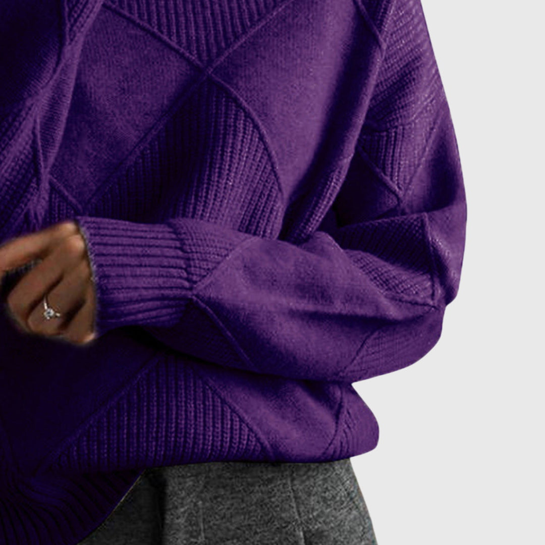 Women's diagonal seam long sleeve roll neck knit sweater, ideal for chilly days and comfort.