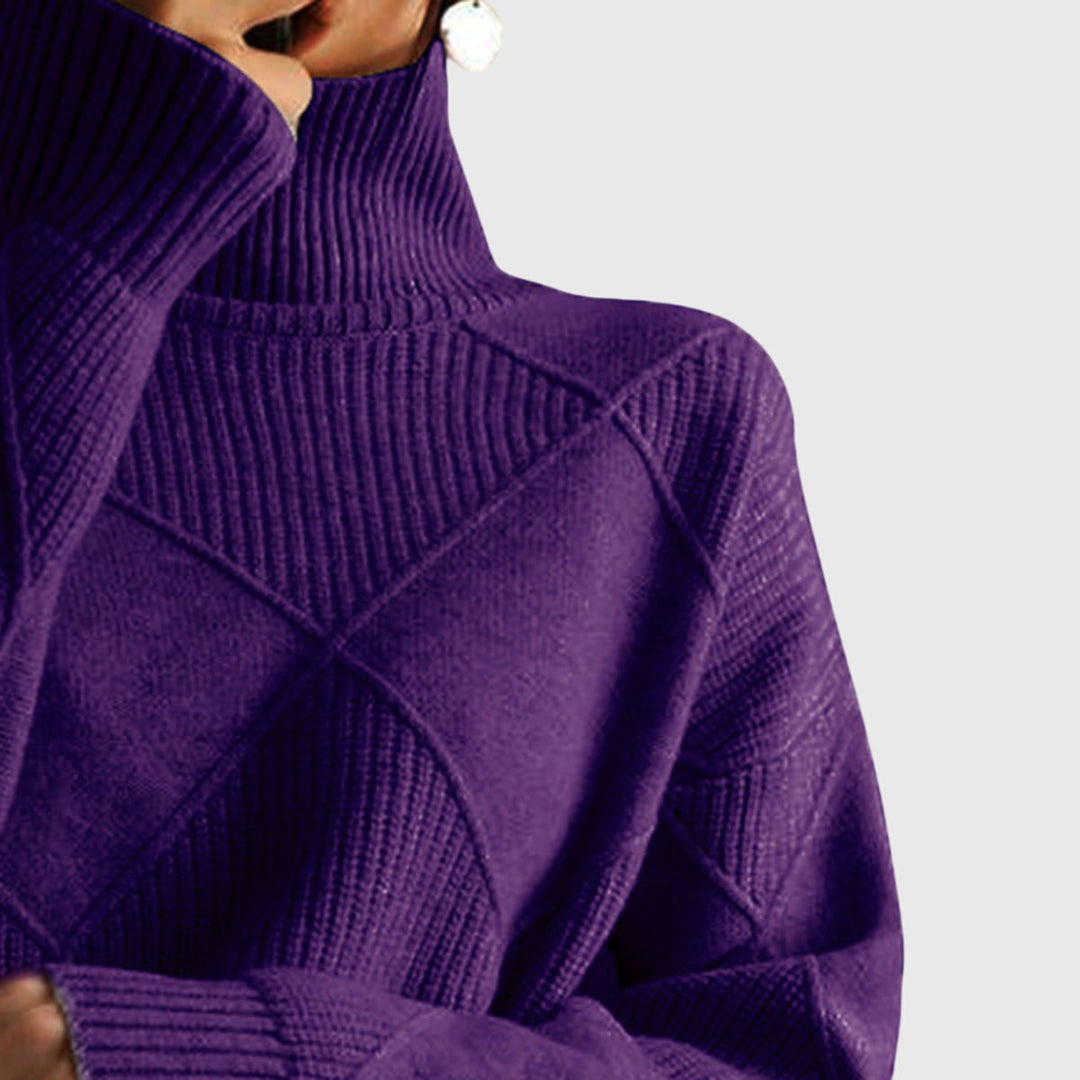 Women's diagonal seam roll neck sweater, oversized fit, cozy winter knit apparel for warmth.