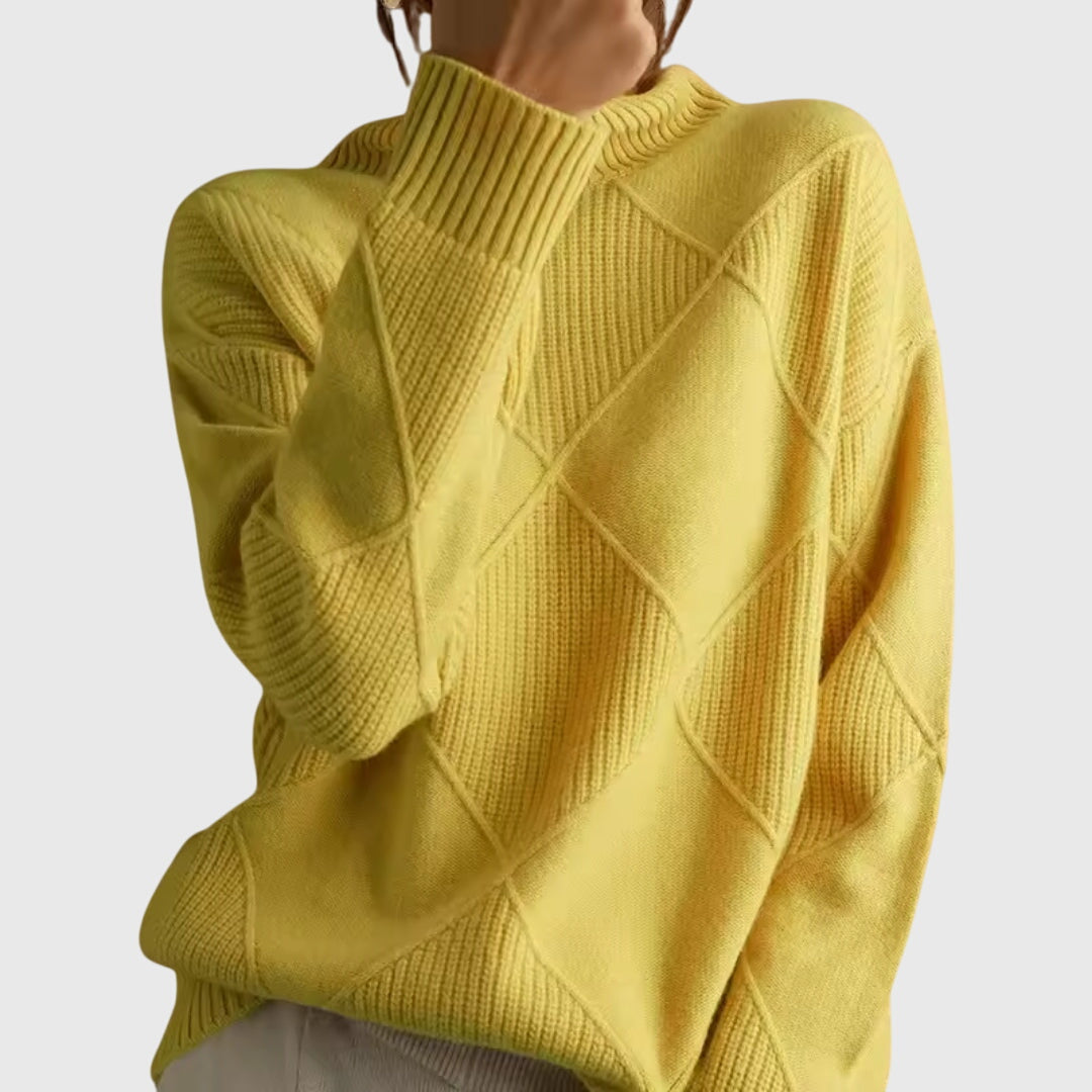 Warm women's roll neck sweater with a chic diagonal seam, perfect for cozy and elegant winter wear.